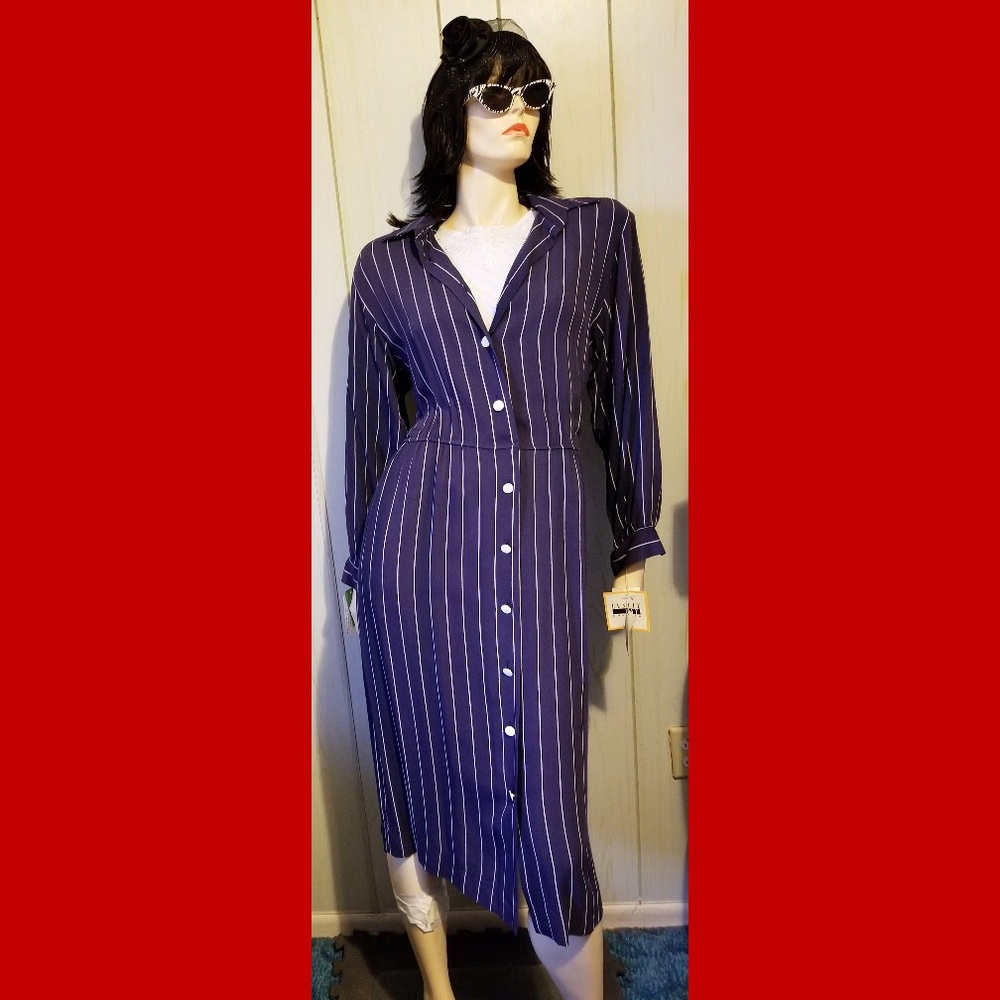 Vintage 80s Leslie Fay Pinstripe Buttondown Maxi Dress NWT!